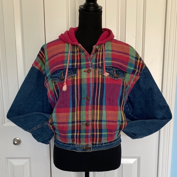 Rare Vintage Jordache Medium Denim with Colorful Plaid Accents Button Up Jacket - Picture 3 of 10